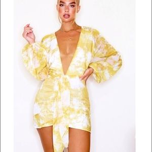 PrettyLittleThing yellow and white deep v floral dress (size 10)